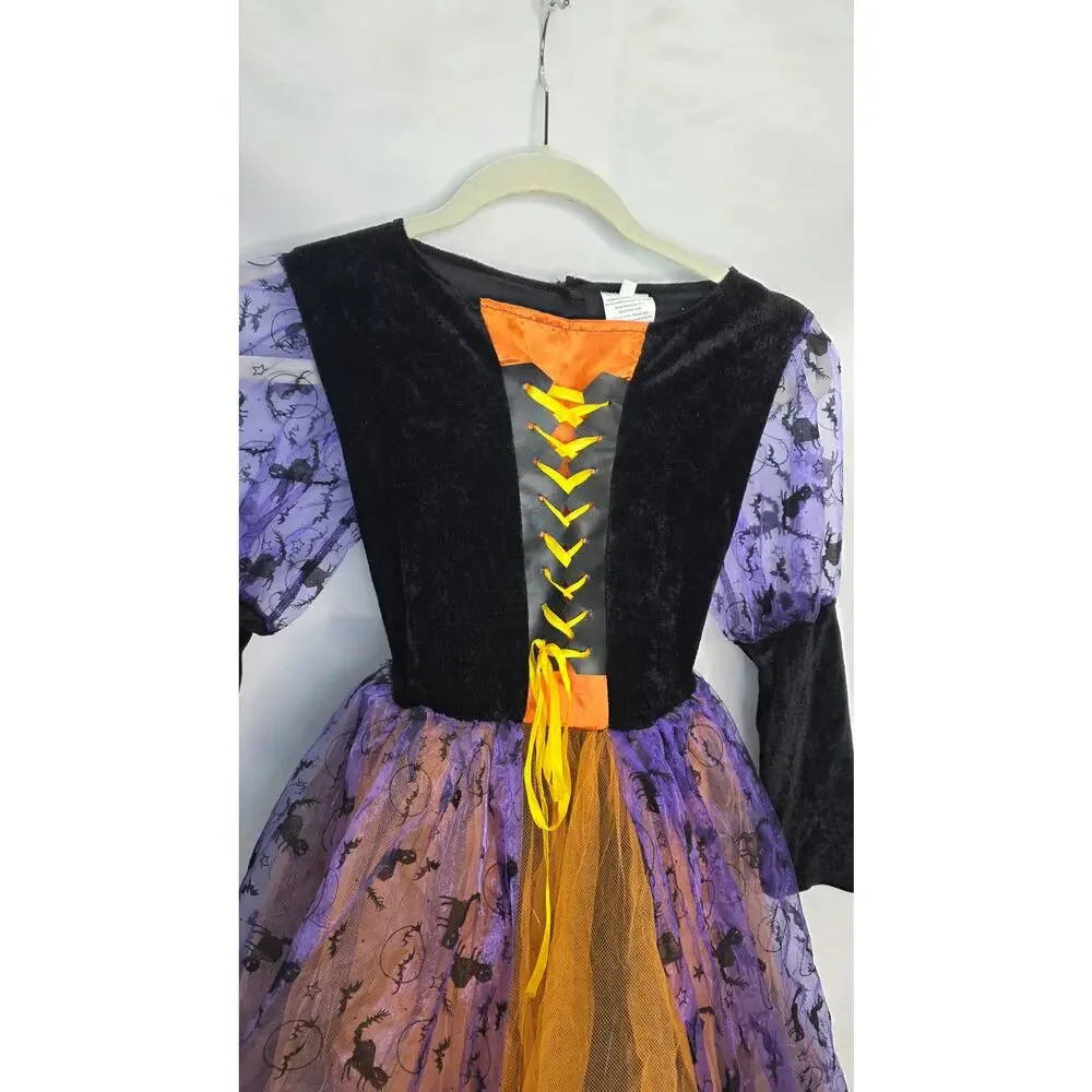 Light Up Witch Costume With Head Band Hat Girls L Purple Orange Halloween Dress